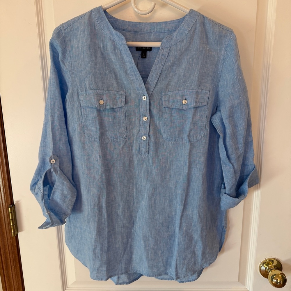 Talbots NWT Small Vneck Partial Button-Down Blue Linen Shirt